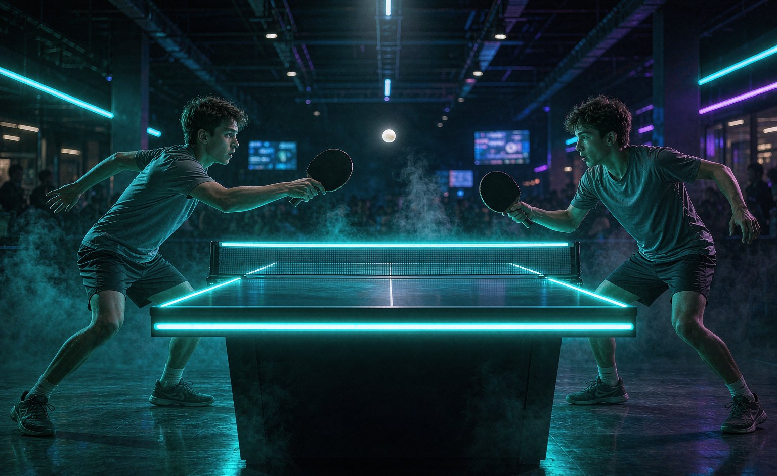 Two players rallying on the CYDON PONG LED table